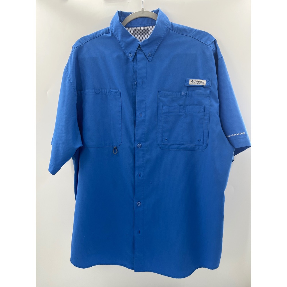 Columbia PFG Blue Short Sleeve Fishing Shirt Omni-Shade Button Down Mens XL